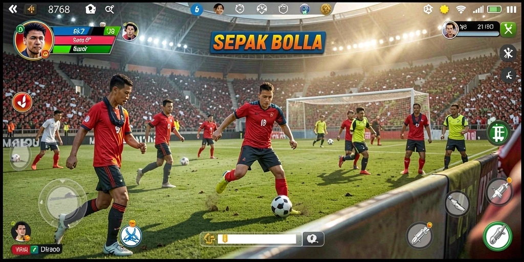 Screenshot utama menampilkan momen seru dalam permainan sepak bola.