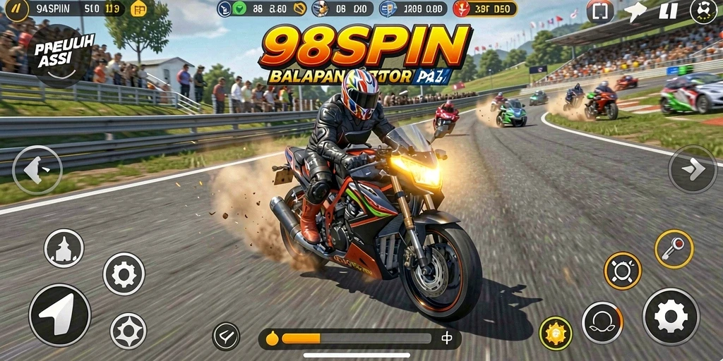 Tampilan gameplay 98SPIN menampilkan aksi balapan motor yang mendebarkan.