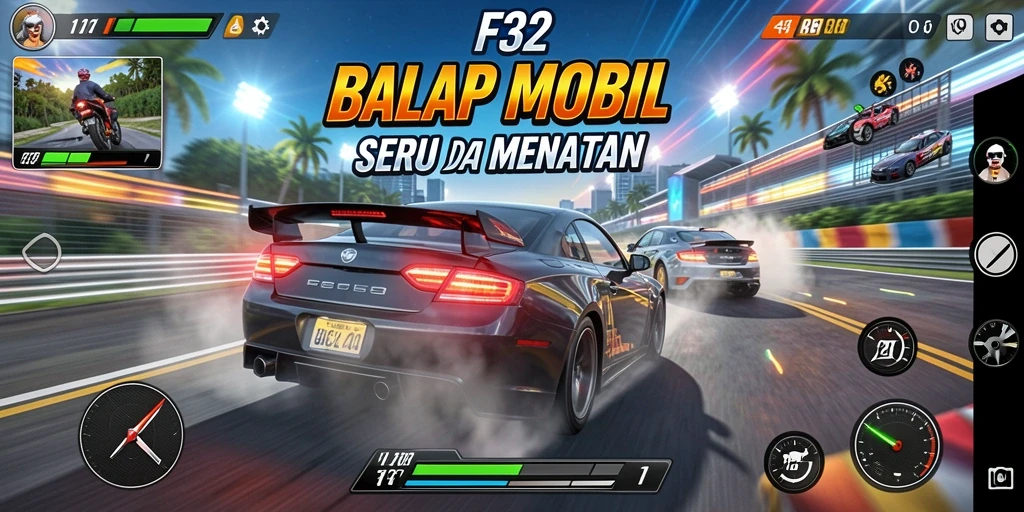Tampilan utama F32 menunjukkan mobil balap melaju cepat di trek menantang.