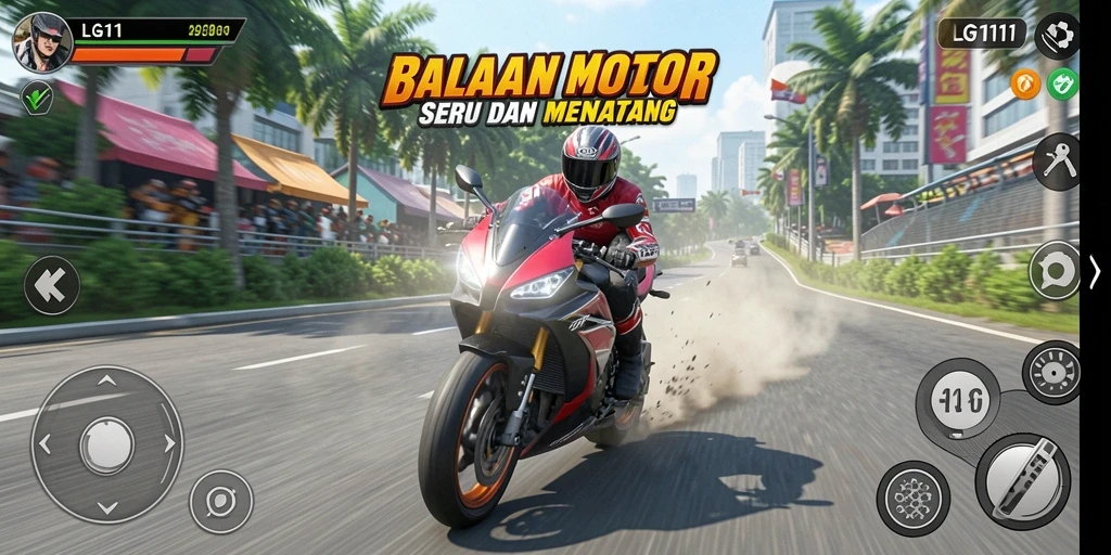 Gameplay LG111 yang menegangkan dan seru saat balapan motor.