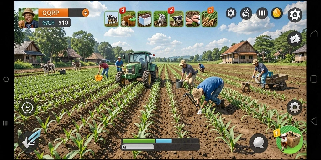 Tampilan gameplay menampilkan lahan pertanian yang subur dan berbagai aktivitas bertani.