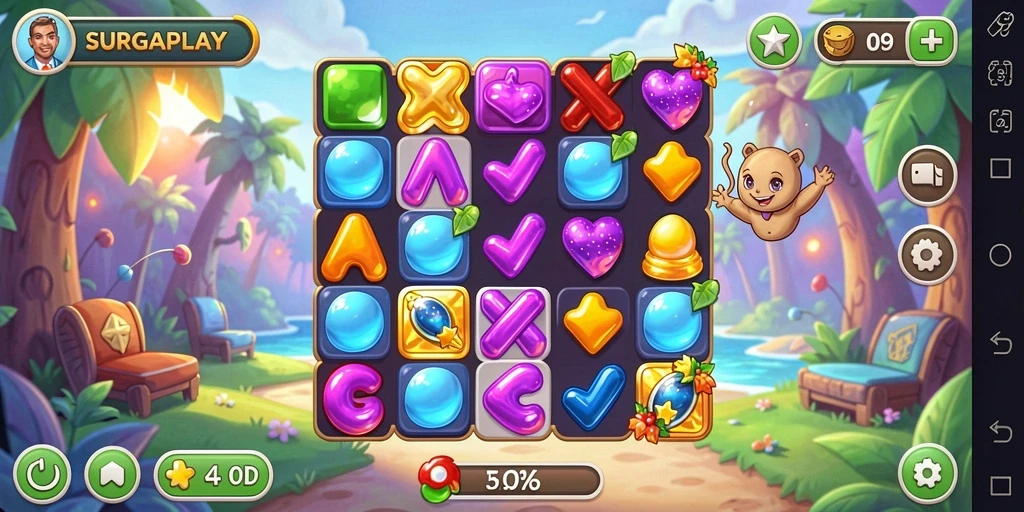 Screenshot menunjukkan gameplay SURGAPLAY di level yang menantang.