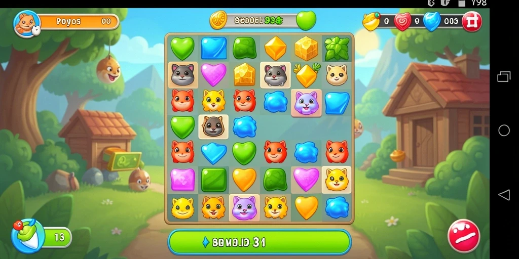 Gameplay V98 dengan kombinasi warna-warni dan tantangan Match-3.
